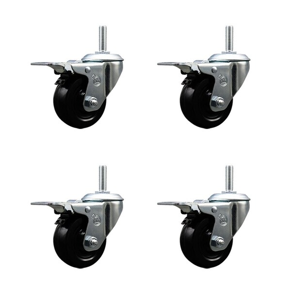 Service Caster 3 Inch Soft Rubber Swivel 34 Inch Threaded Stem Caster Set with Total Lock Brake SCC-TSTTL20S314-SRS-34212-4 - main